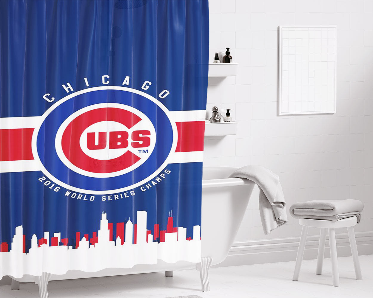 Chicago Cubs Blues Bathroom Shower Curtain Fabric Waterproof | 66 X 72 Inch