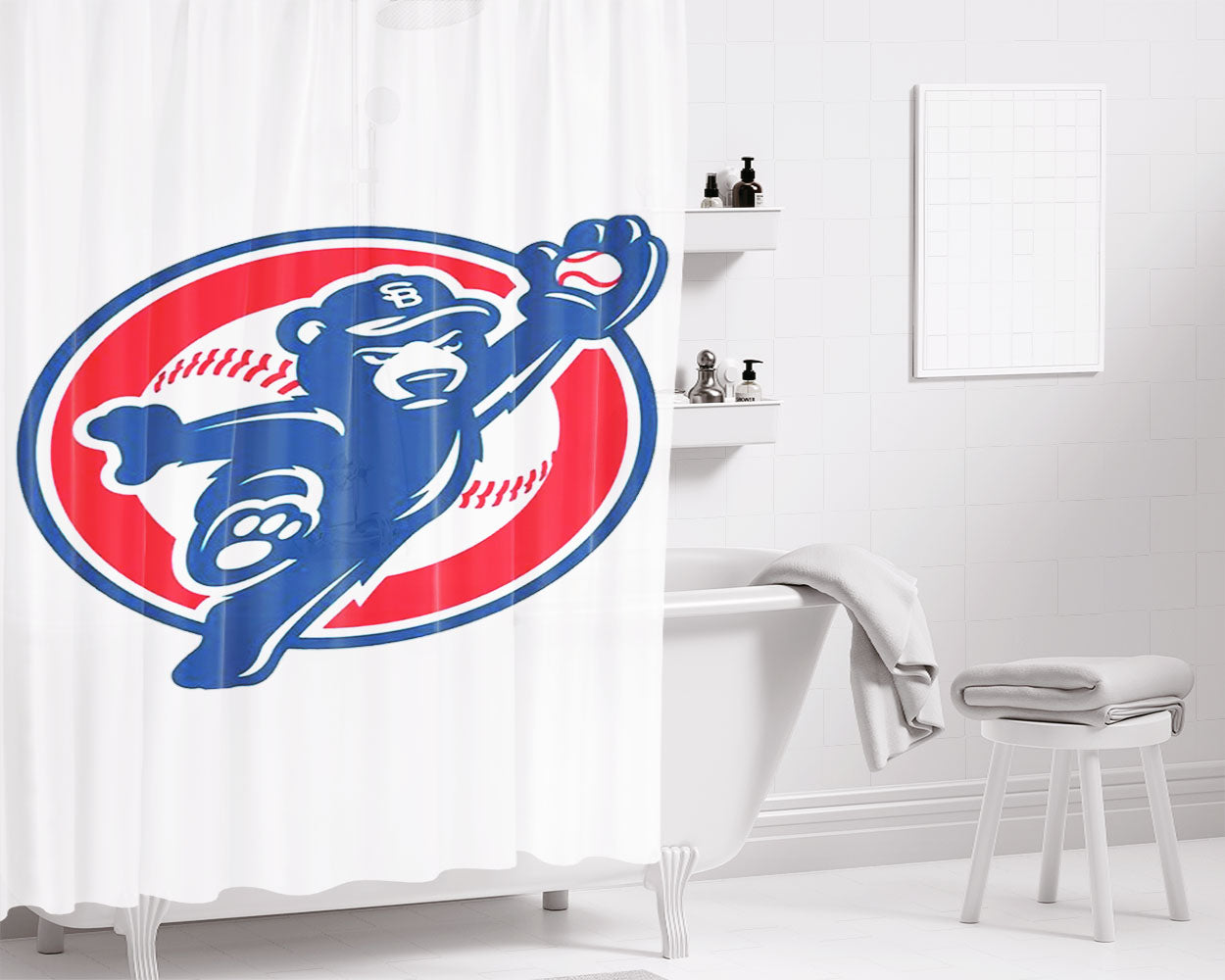 Chicago Cubs Logo Bear Jump Bathroom Shower Curtain Fabric Waterproof | 66 X 72 Inch