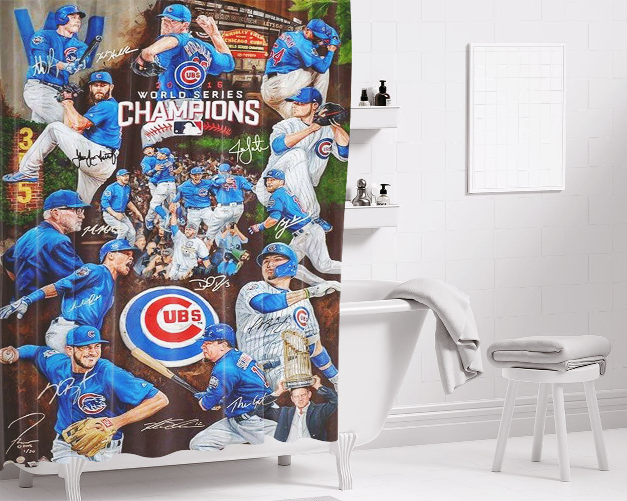 Chicago Cubs Pattern Player Bathroom Shower Curtain Fabric Waterproof | 66 X 72 Inch