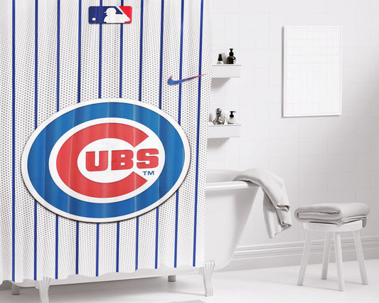 Chicago Cubs Stripe Center Logo Bathroom Shower Curtain Fabric Waterproof