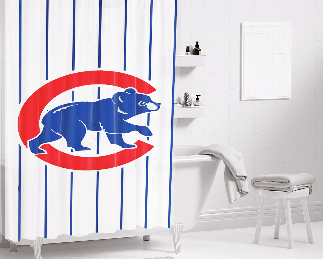 Chicago Cubs Stripe Logo Bathroom Shower Curtain Fabric Waterproof | 66 X 72 Inch
