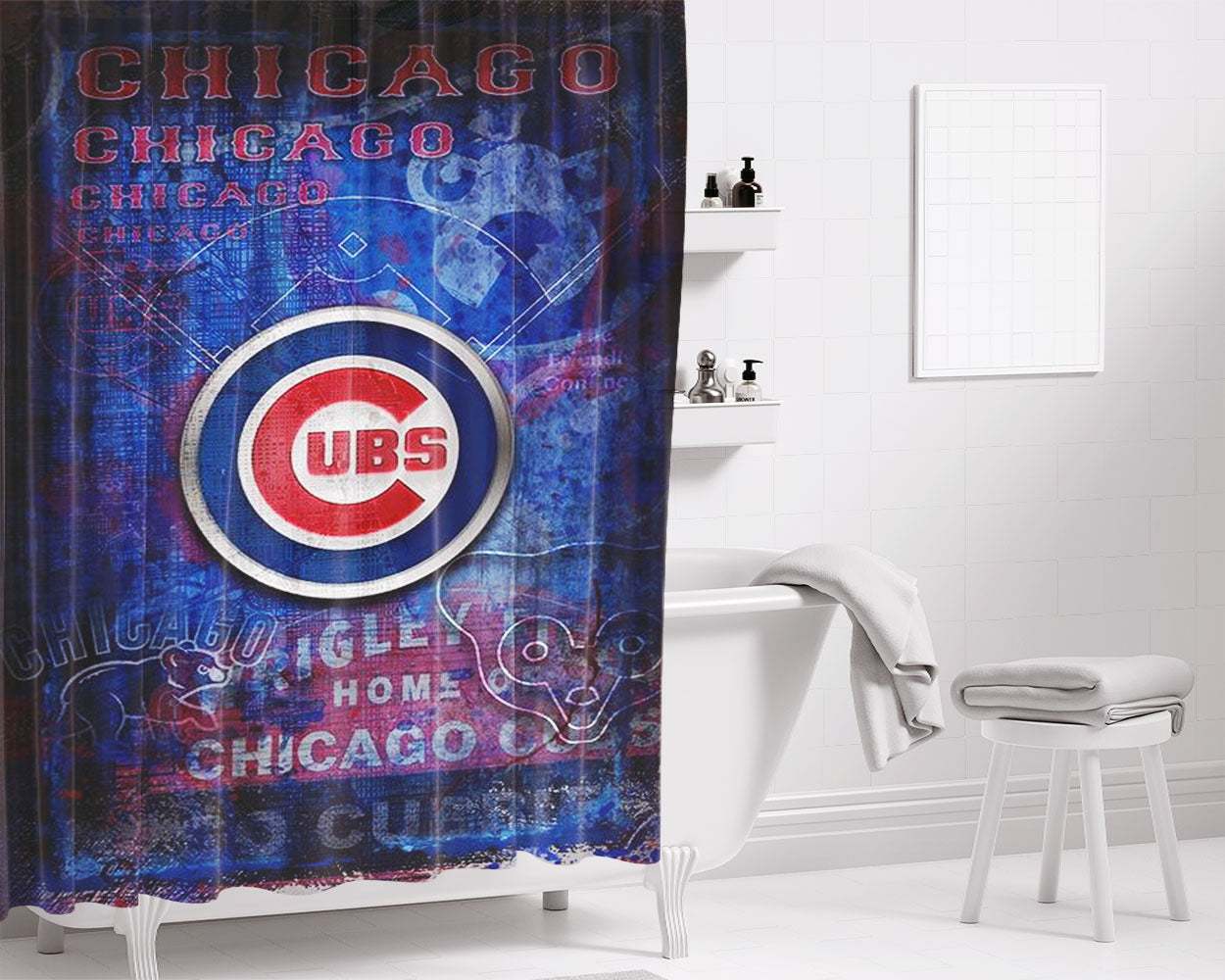 Chicago Cubs Texture Wall Bathroom Shower Curtain Fabric Waterproof | 66 X 72 Inch