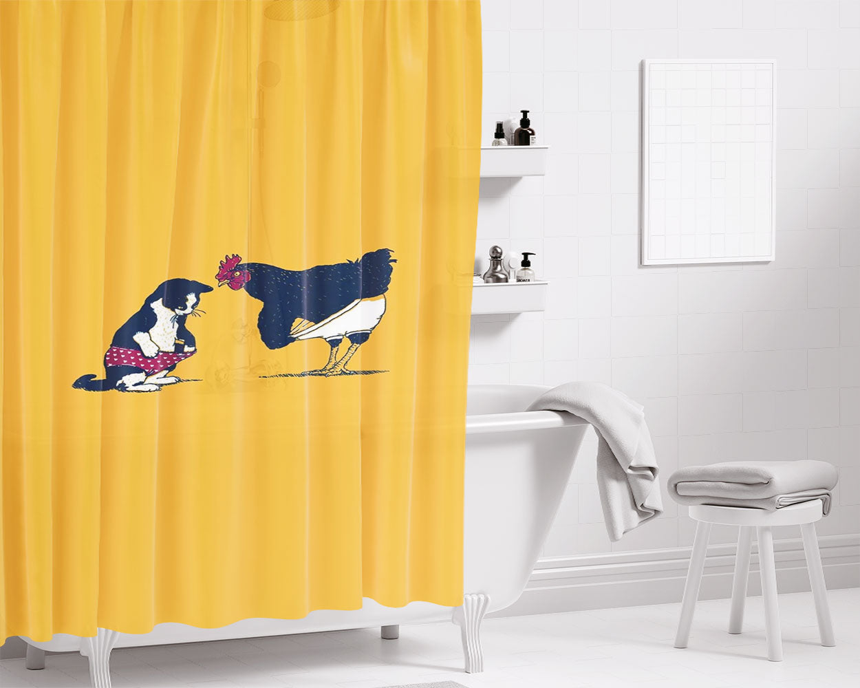 Chicken And Cat Wallpaper Bathroom Shower Curtain Fabric Waterproof | 66 X 72 Inch