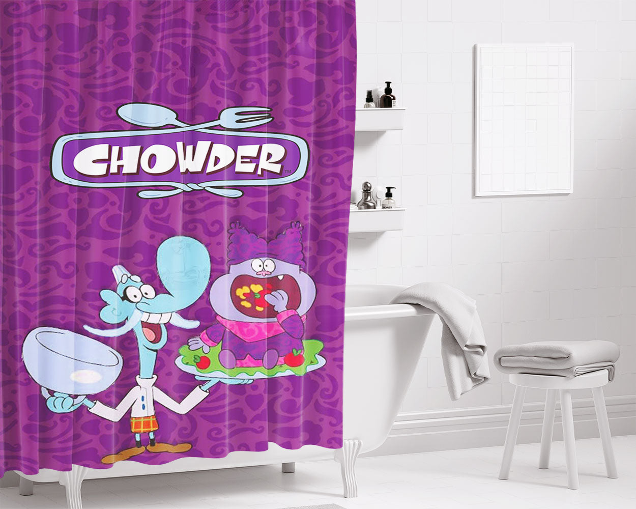 Chowder Chef Purple Wallpaper Bathroom Shower Curtain Fabric Waterproof | 66 X 72 Inch