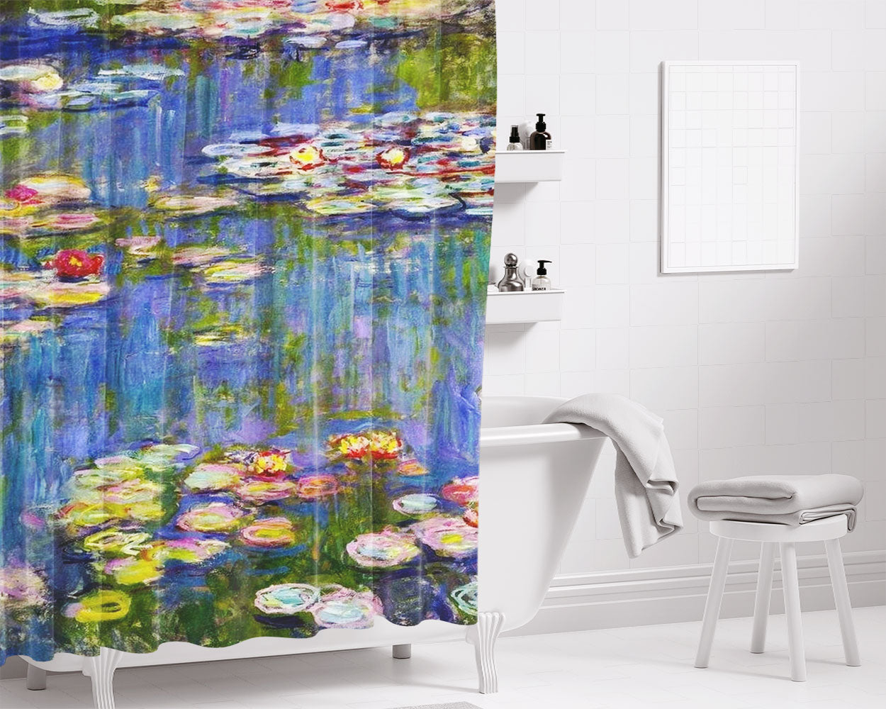Claude Monet Water Lilies Framed Bathroom Shower Curtain Fabric Waterproof | 66 X 72 Inch