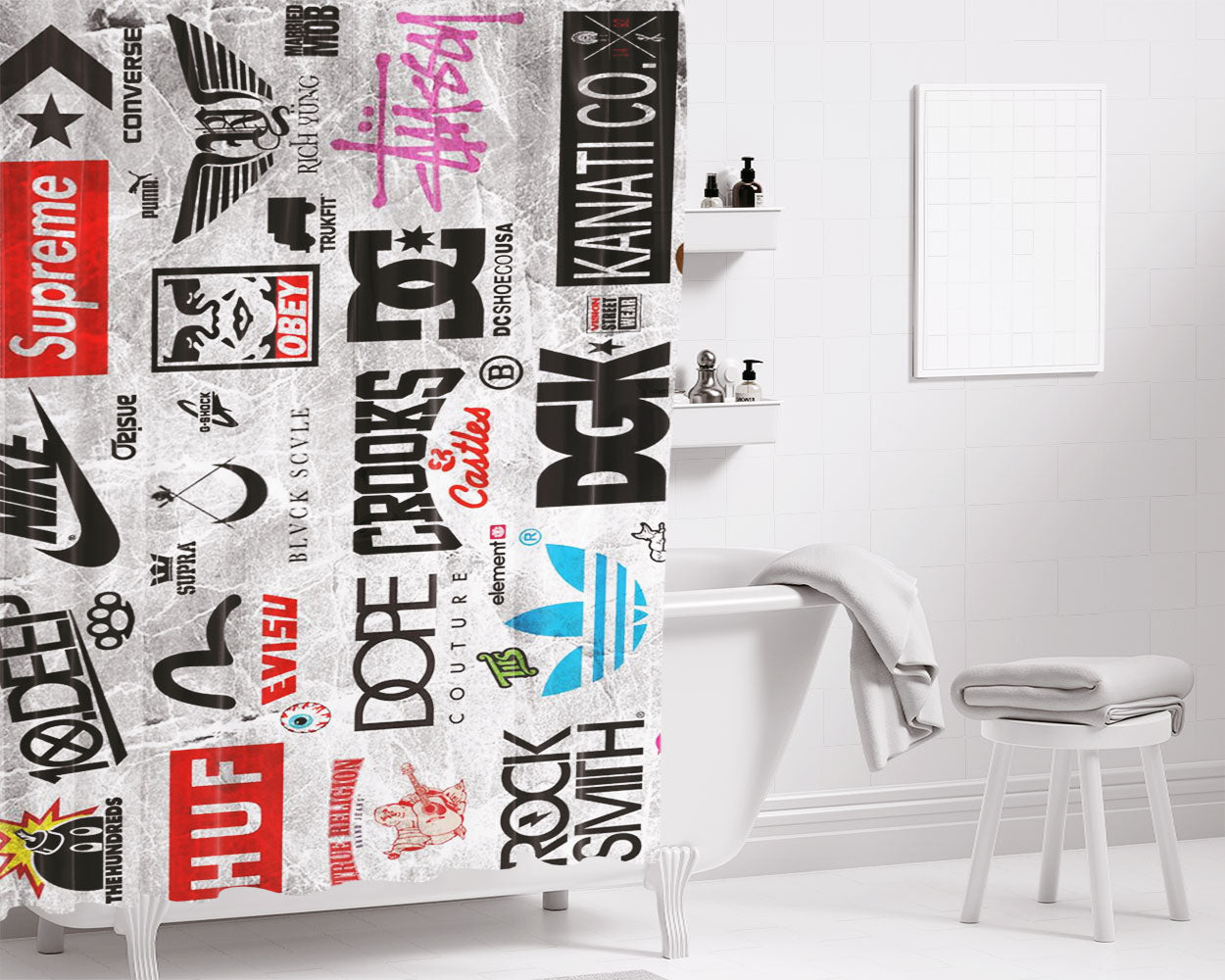 Clothing Brand Collage Bathroom Shower Curtain Fabric Waterproof | 66 X 72 Inch