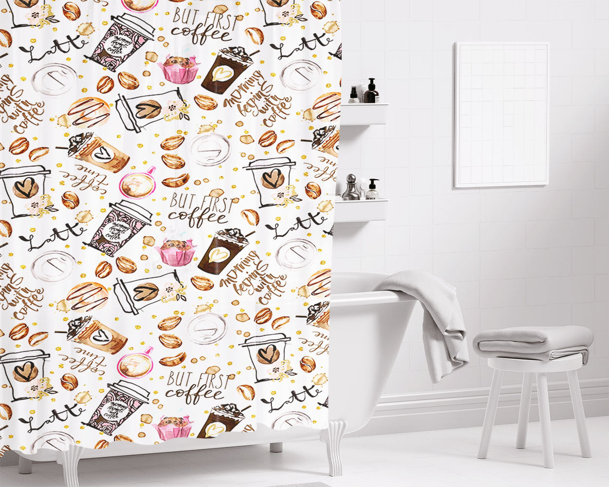 Coffee Wallpaper Cute Latte Lover Bathroom Shower Curtain Fabric Waterproof | 66 X 72 Inch
