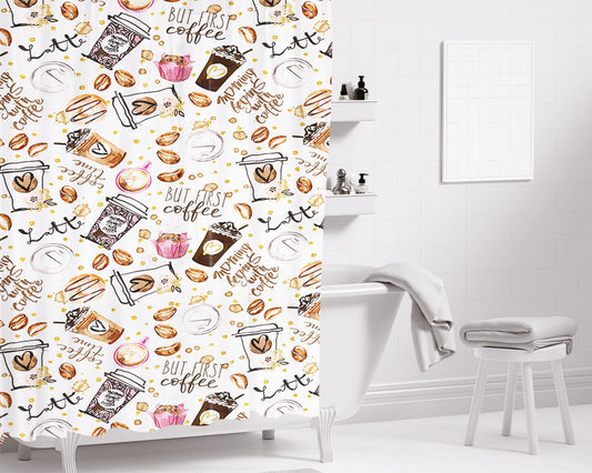 Coffee Wallpaper Cute Latte Lover Bathroom Shower Curtain Fabric Waterproof