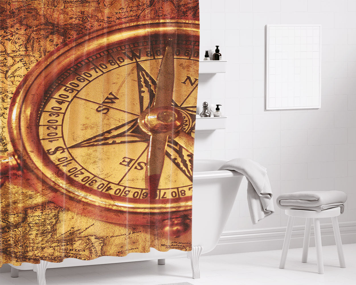 Compas Maps Bathroom Shower Curtain Fabric Waterproof | 66 X 72 Inch