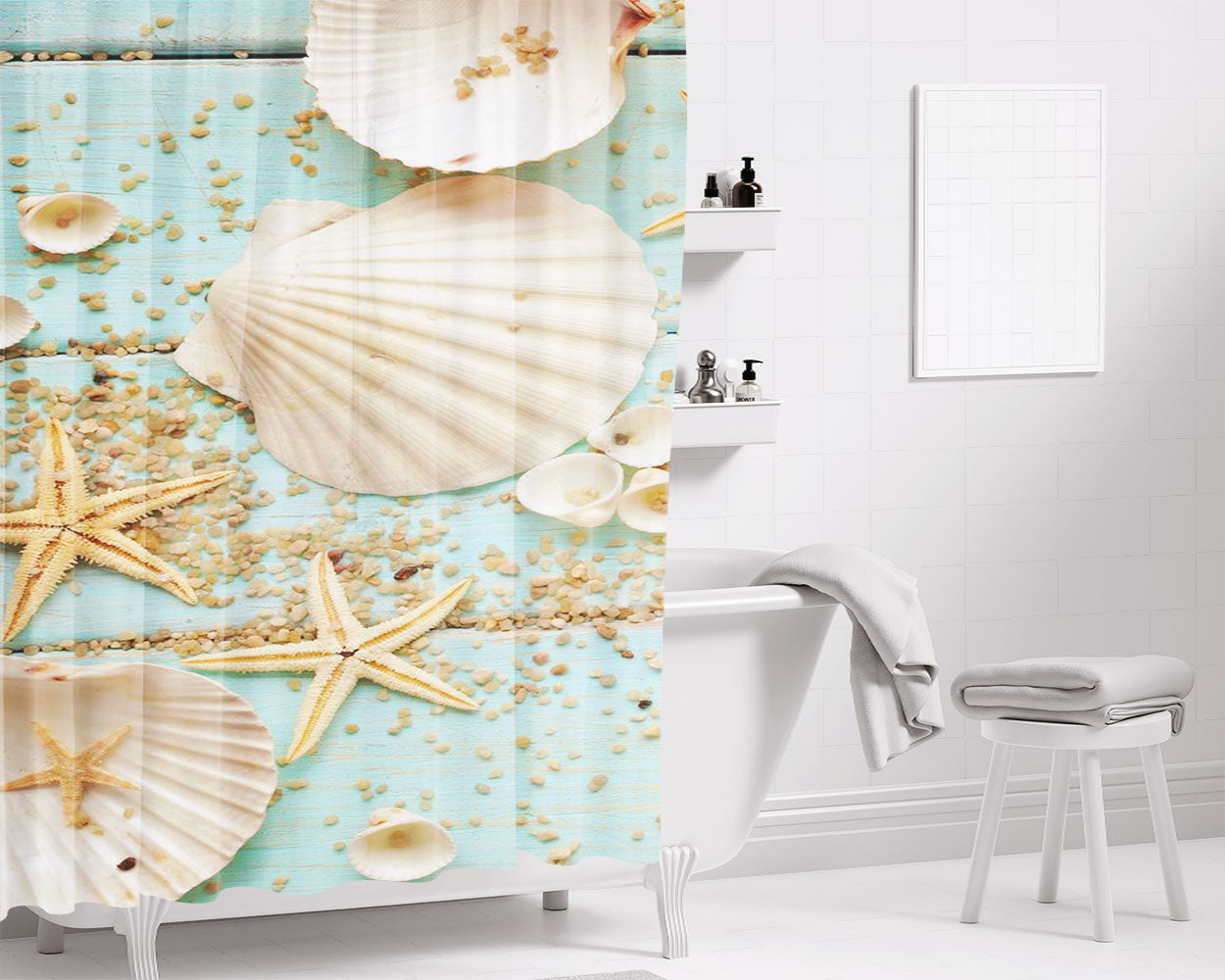Conchas Y Estrellas De Mar Bathroom Shower Curtain Fabric Waterproof | 66 X 72 Inch