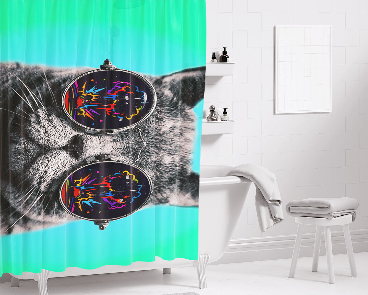 Cool Cat Glasses Boom Bathroom Shower Curtain Fabric Waterproof | 66 X 72 Inch