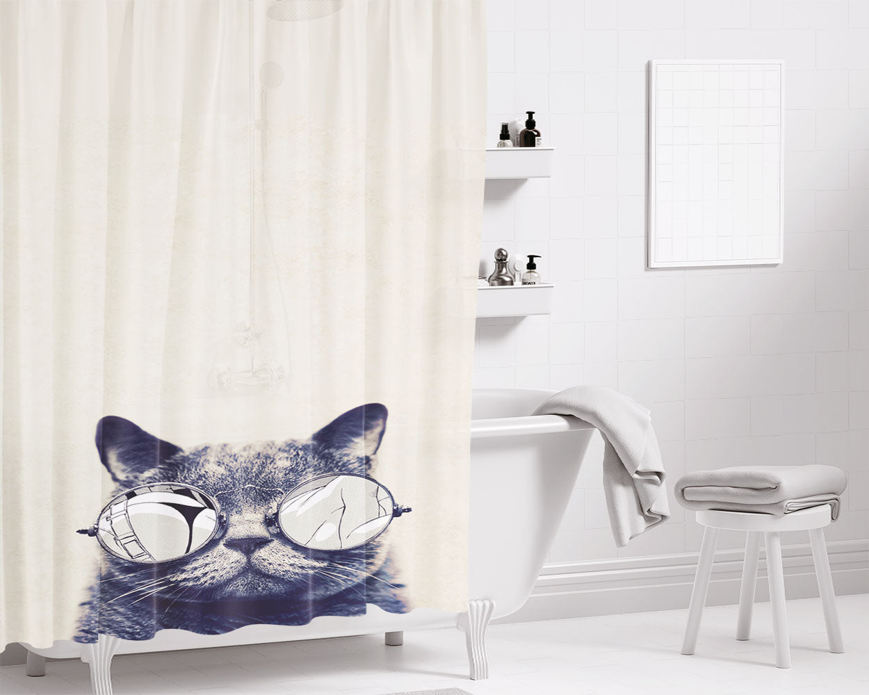 Cool Cat Glasses Bathroom Shower Curtain Fabric Waterproof | 66 X 72 Inch