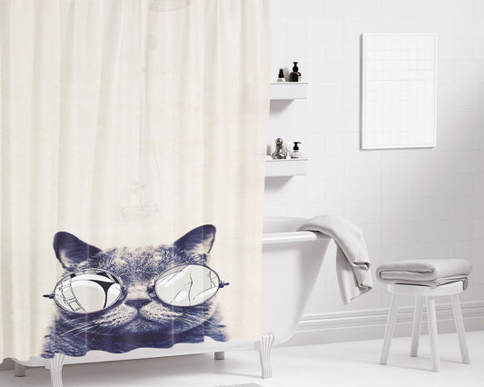 Cool Cat Glasses Bathroom Shower Curtain Fabric Waterproof