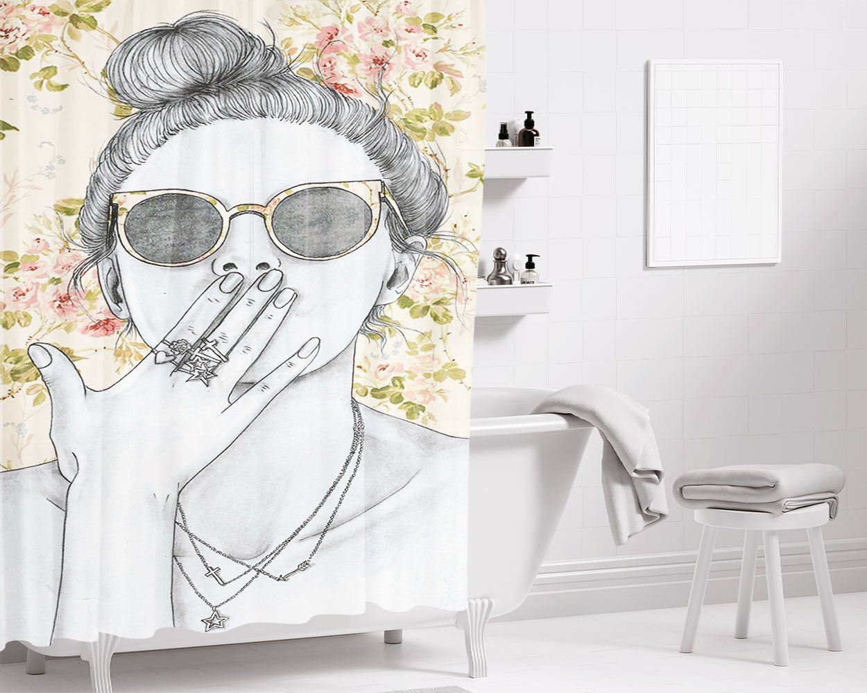Cool Girl Sketch Bathroom Shower Curtain Fabric Waterproof | 66 X 72 Inch