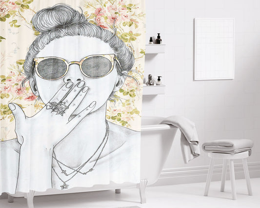 Cool Girl Sketch Bathroom Shower Curtain Fabric Waterproof
