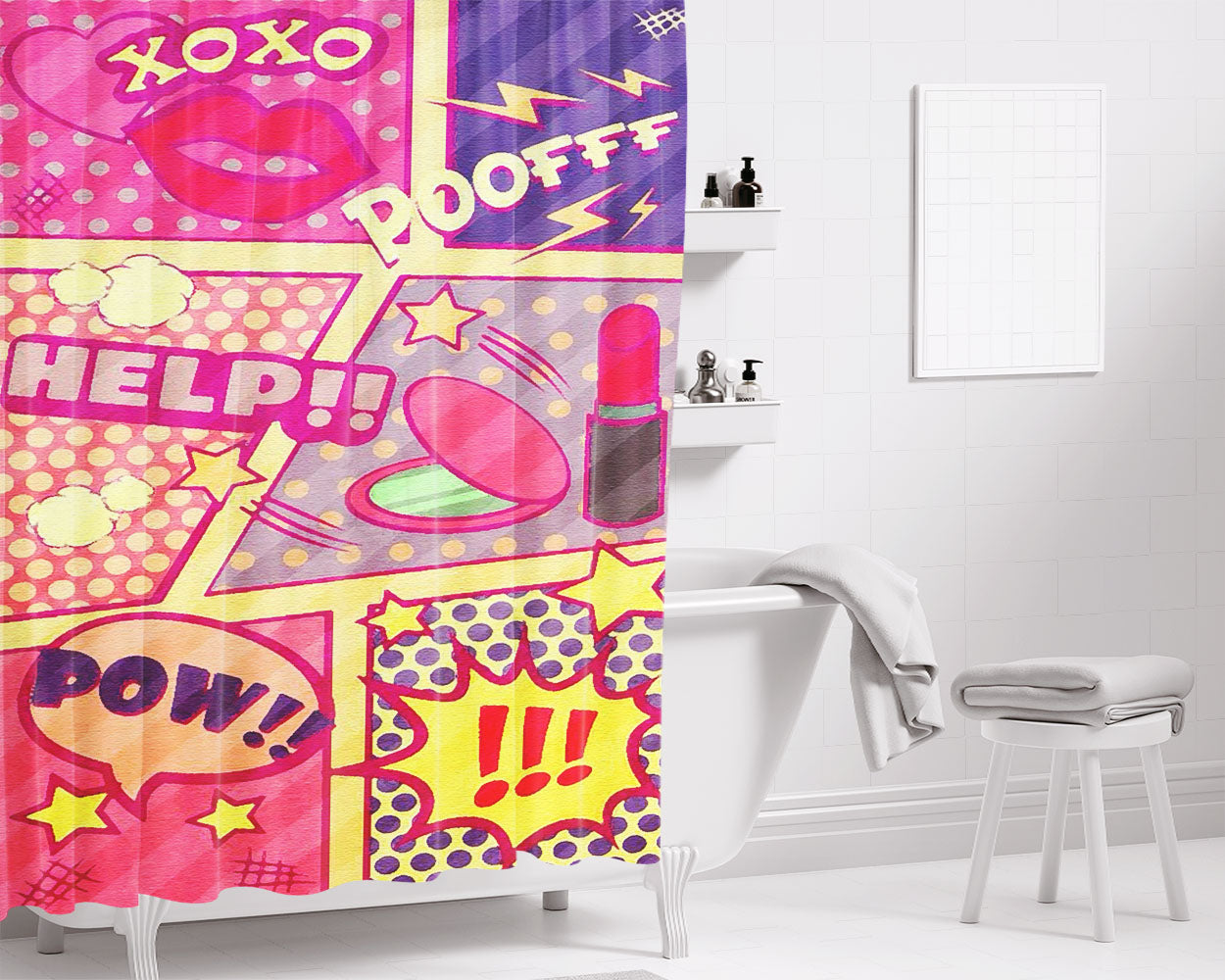 Cosmetic Puff Comic Strip Bathroom Shower Curtain Fabric Waterproof | 66 X 72 Inch
