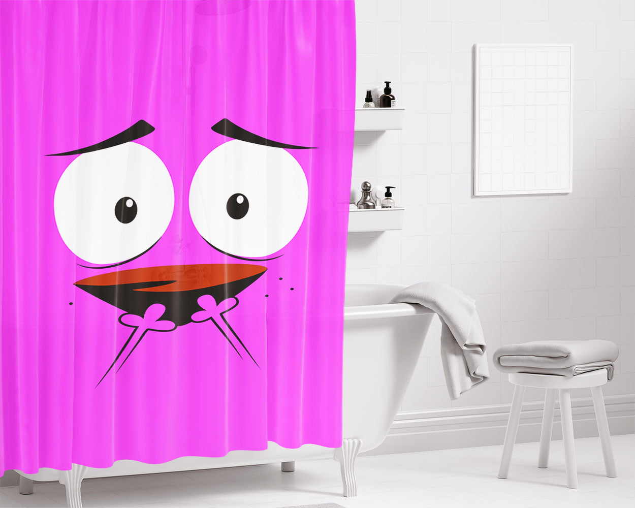 Courage The Cowardly Pink Dog Face Bathroom Shower Curtain Fabric Waterproof | 66 X 72 Inch