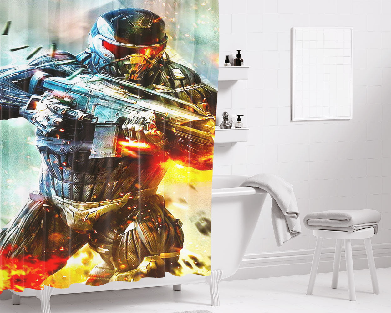 Crysis Fire Boom Bullet Steel Fight Bathroom Shower Curtain Fabric Waterproof | 66 X 72 Inch
