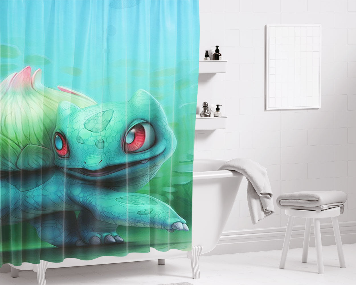 Cute Bulbasaur Fanart Bathroom Shower Curtain Fabric Waterproof | 66 X 72 Inch