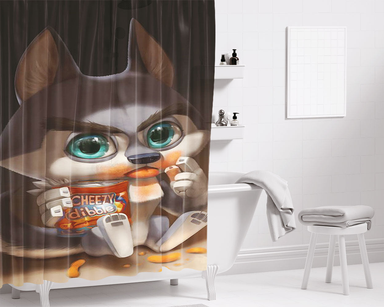 Cute Carrton Eating Cheezy Dibble Bathroom Shower Curtain Fabric Waterproof | 66 X 72 Inch