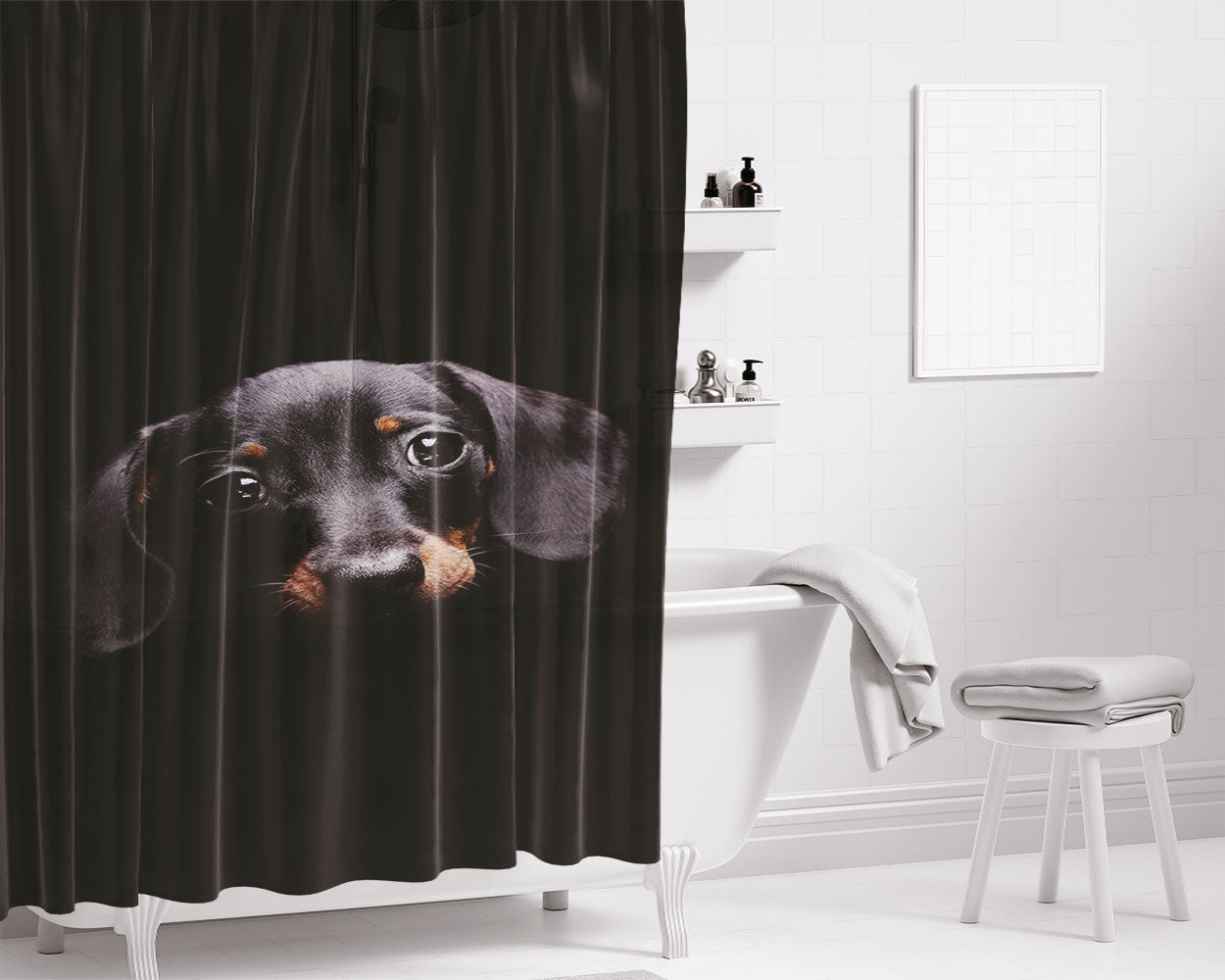 Cute Dog Black Bathroom Shower Curtain Fabric Waterproof | 66 X 72 Inch