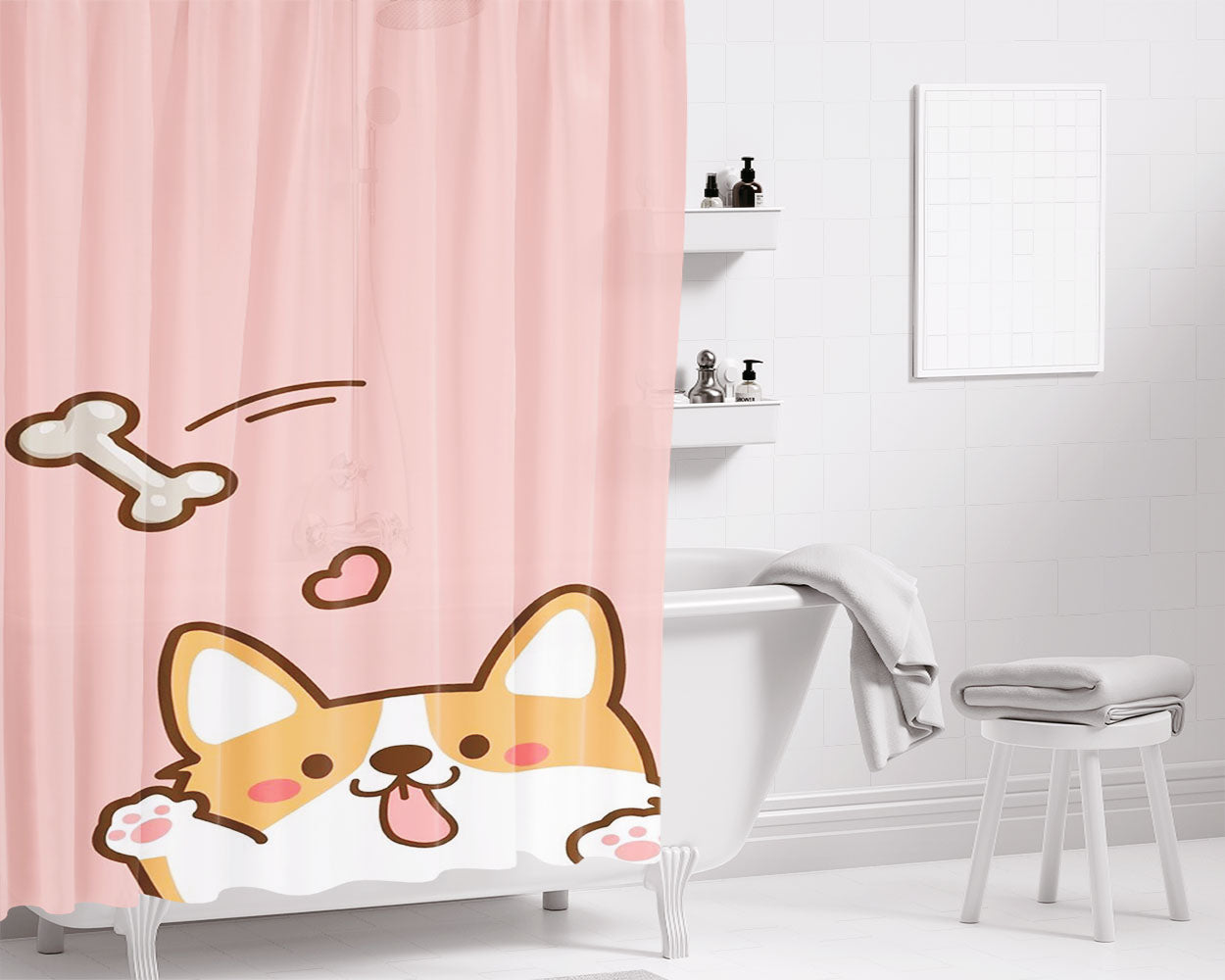 Cute Dog Heart Bathroom Shower Curtain Fabric Waterproof | 66 X 72 Inch