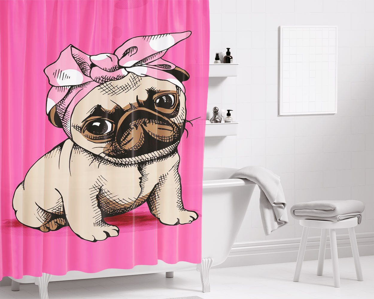 Cute Dog Wearing A Pink Ribbon Bathroom Shower Curtain Fabric Waterproof | 66 X 72 Inch