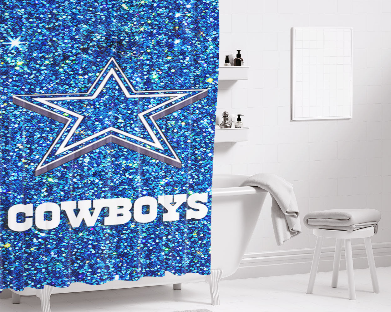 Dallas Cowboys Blue Sparkling Glitter Bathroom Shower Curtain Fabric Waterproof | 66 X 72 Inch