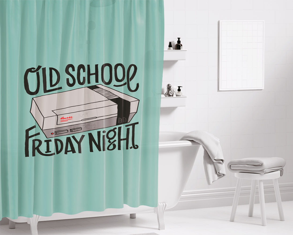 Old School Tape Poster Bathroom Shower Curtain Fabric Waterproof | 66 X 72 Inch