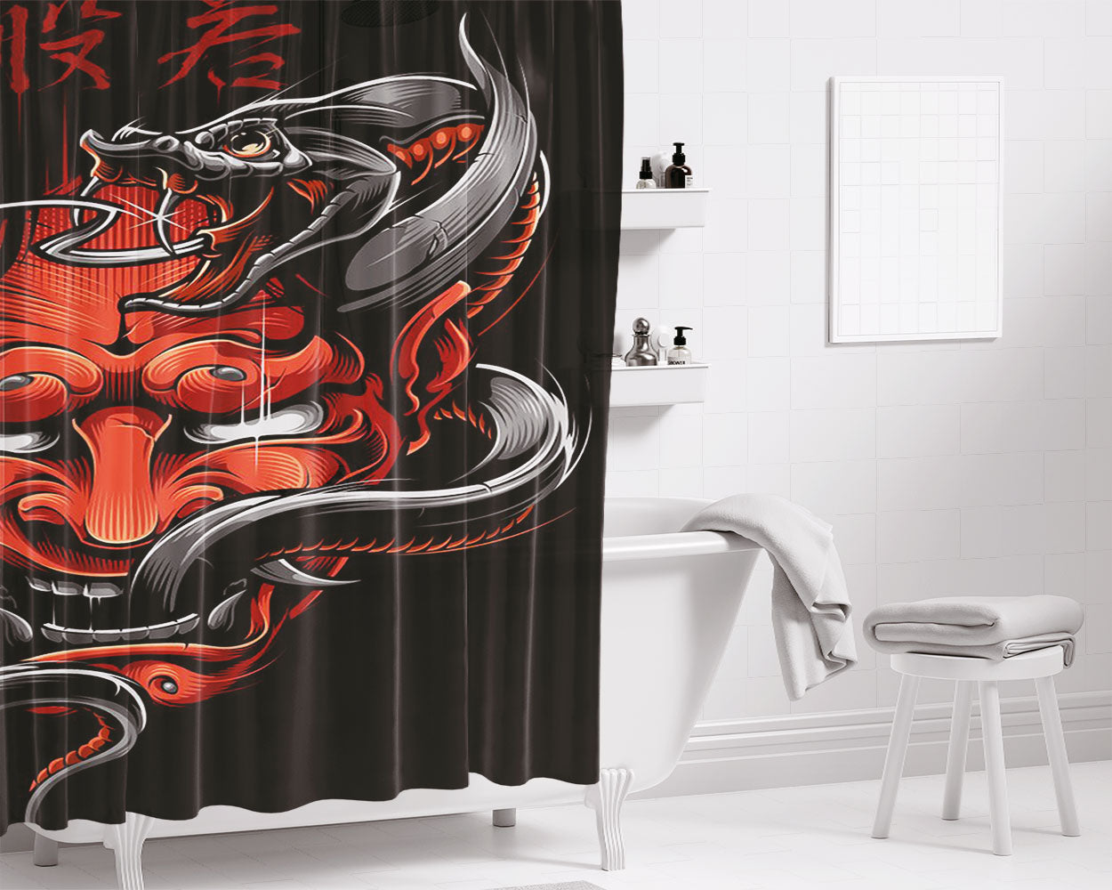 Oni Mask And Snake Pattern Bathroom Shower Curtain Fabric Waterproof | 66 X 72 Inch