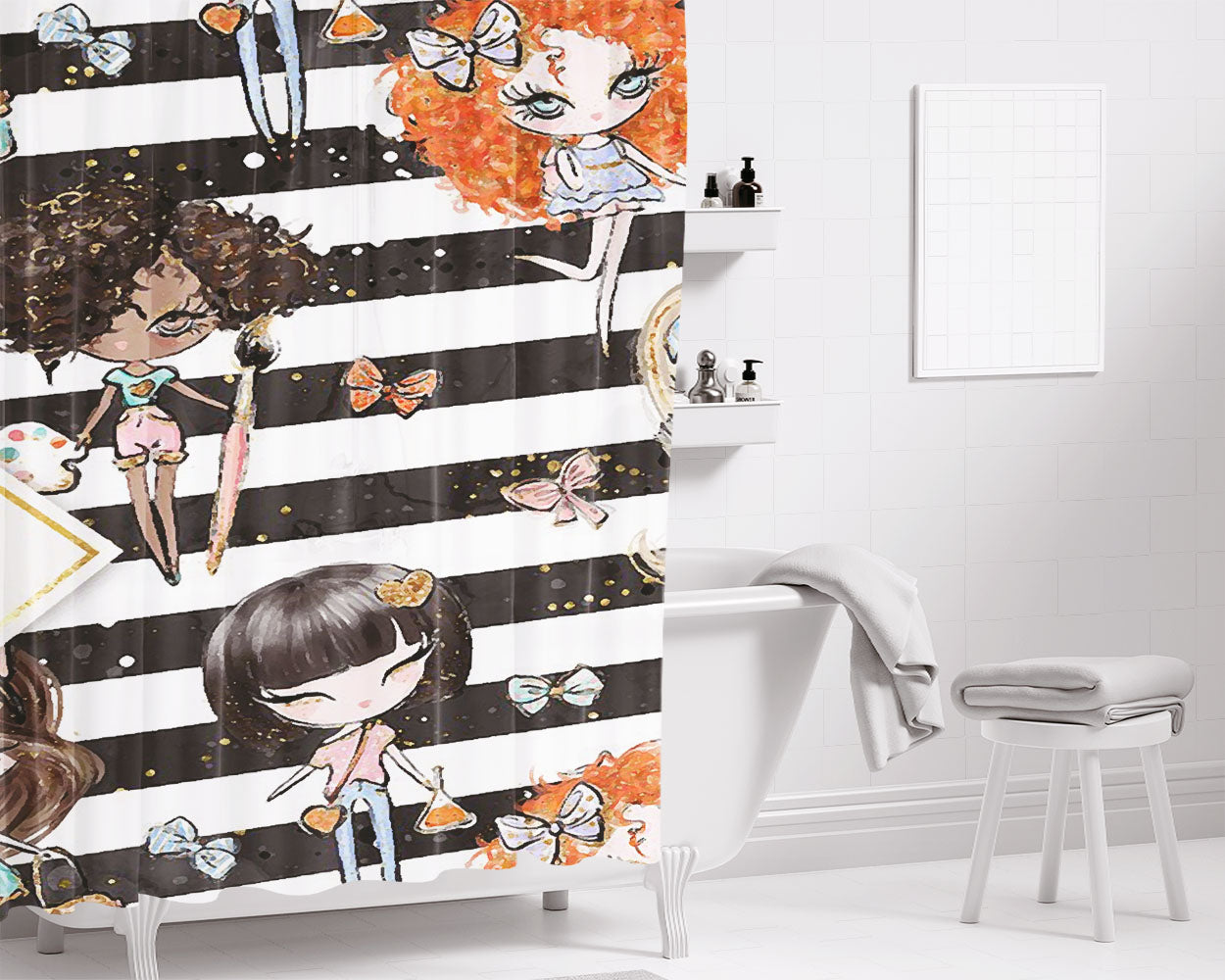 Painted Girls Bathroom Shower Curtain Fabric Waterproof | 66 X 72 Inch