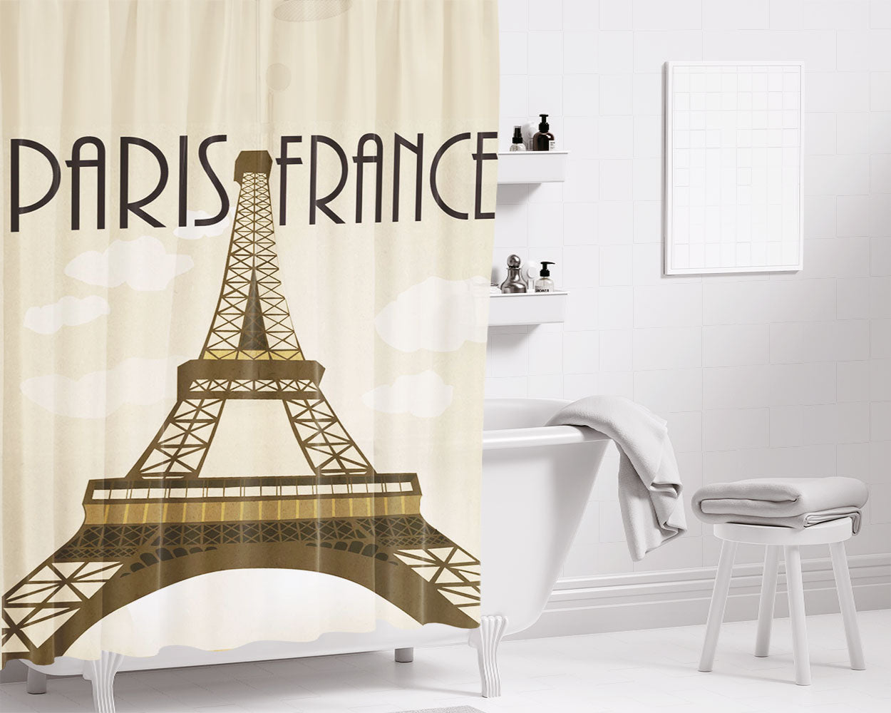 Paris France Bathroom Shower Curtain Fabric Waterproof | 66 X 72 Inch