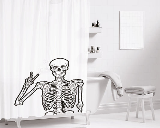 Peace Hand Sign Skeleton Bathroom Shower Curtain Fabric Waterproof