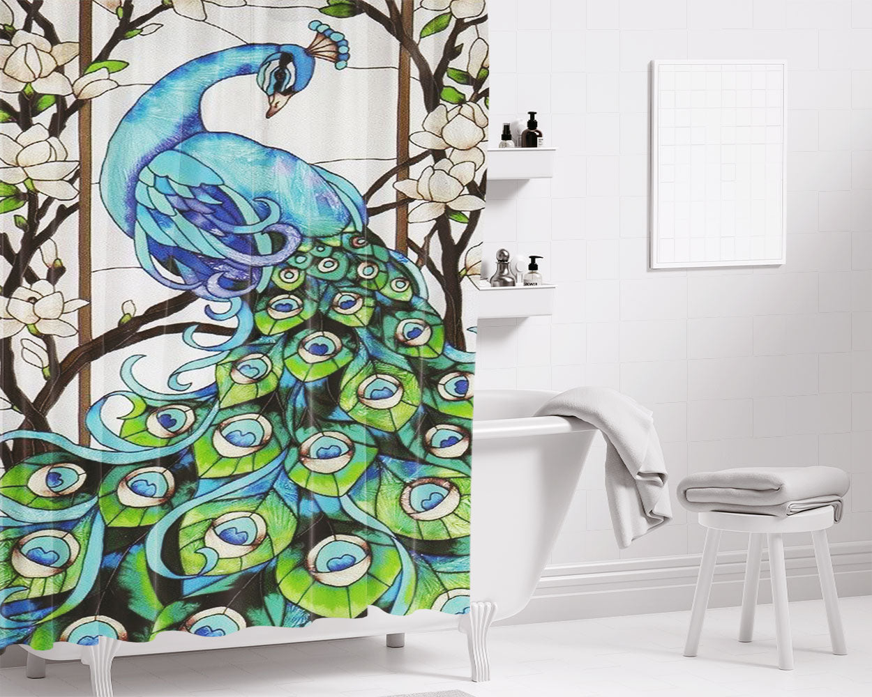 Peacock Stained Glasses Bathroom Shower Curtain Fabric Waterproof | 66 X 72 Inch