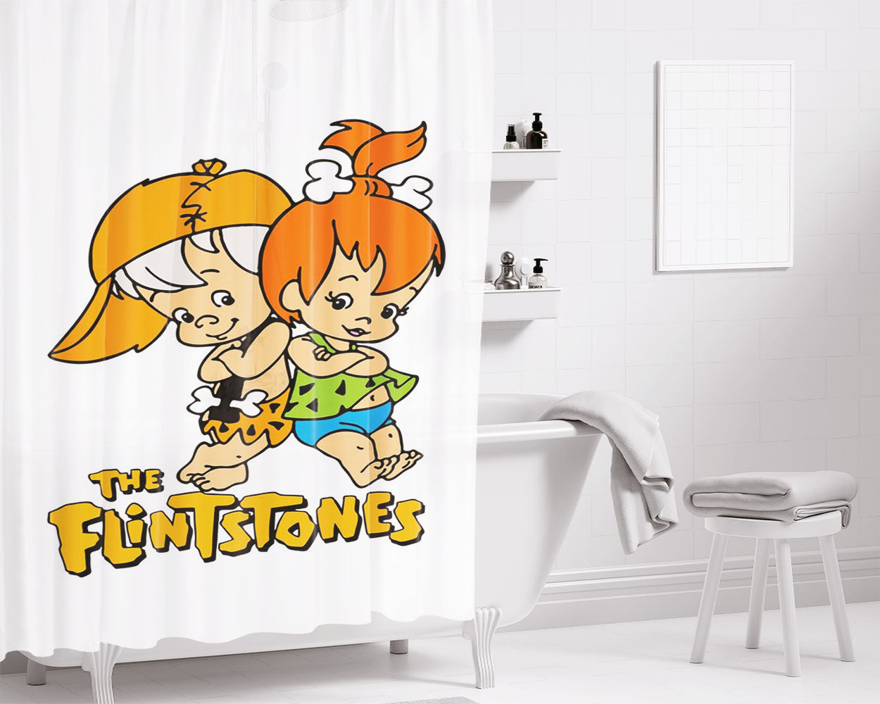 Pebbles And Bamm Bamm Flintstones Bathroom Shower Curtain Fabric Waterproof | 66 X 72 Inch