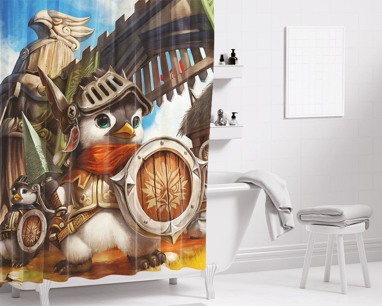 Penguin Knight Bathroom Shower Curtain Fabric Waterproof | 66 X 72 Inch