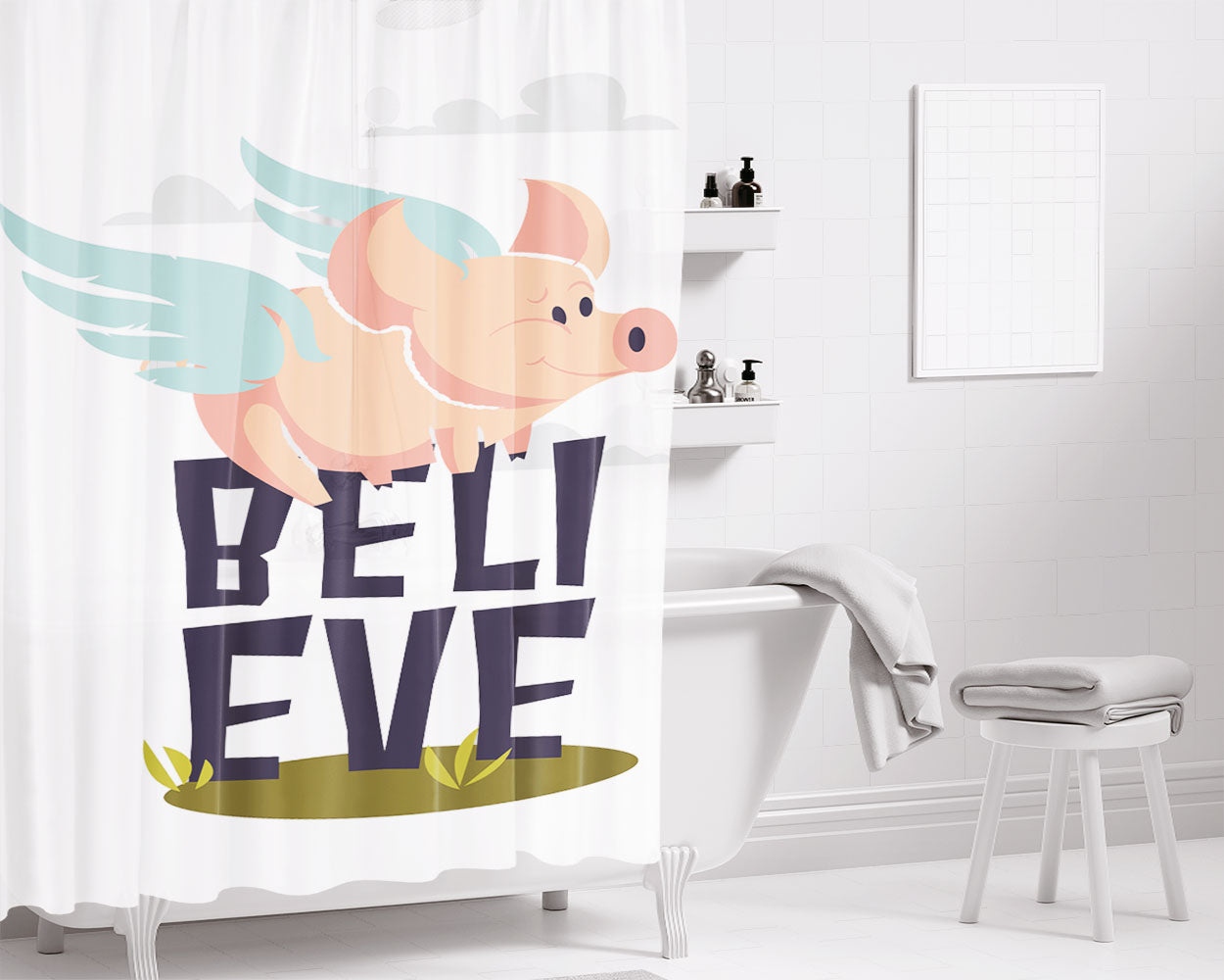 Pig Believe For Fly Streetwear Bathroom Shower Curtain Fabric Waterproof | 66 X 72 Inch
