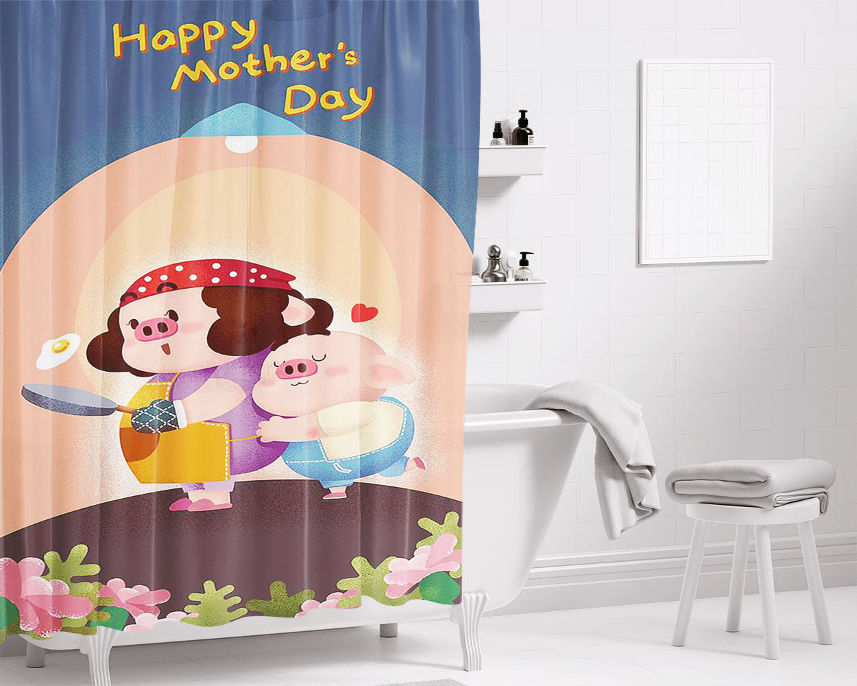 Piggy Happy Mother Das Bathroom Shower Curtain Fabric Waterproof | 66 X 72 Inch