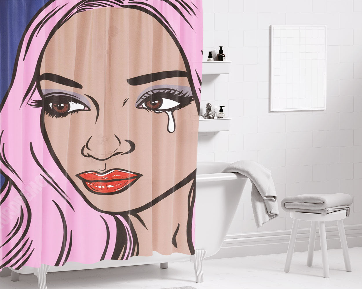Pink Hair Crying Bathroom Shower Curtain Fabric Waterproof | 66 X 72 Inch