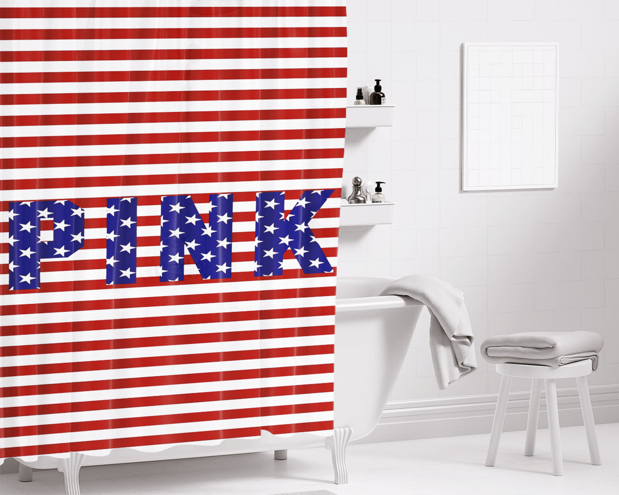 Pink Line And Star Bathroom Shower Curtain Fabric Waterproof | 66 X 72 Inch