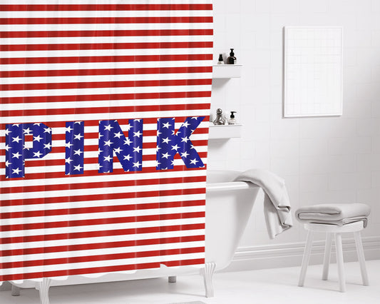 Pink Line And Star Bathroom Shower Curtain Fabric Waterproof