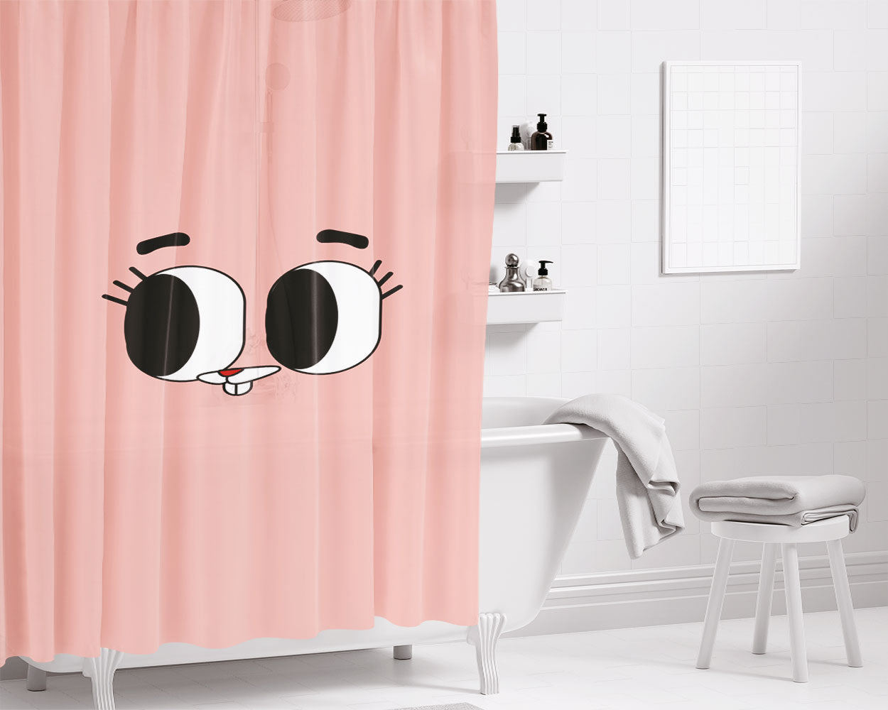 Pink Rabit Face Bathroom Shower Curtain Fabric Waterproof | 66 X 72 Inch