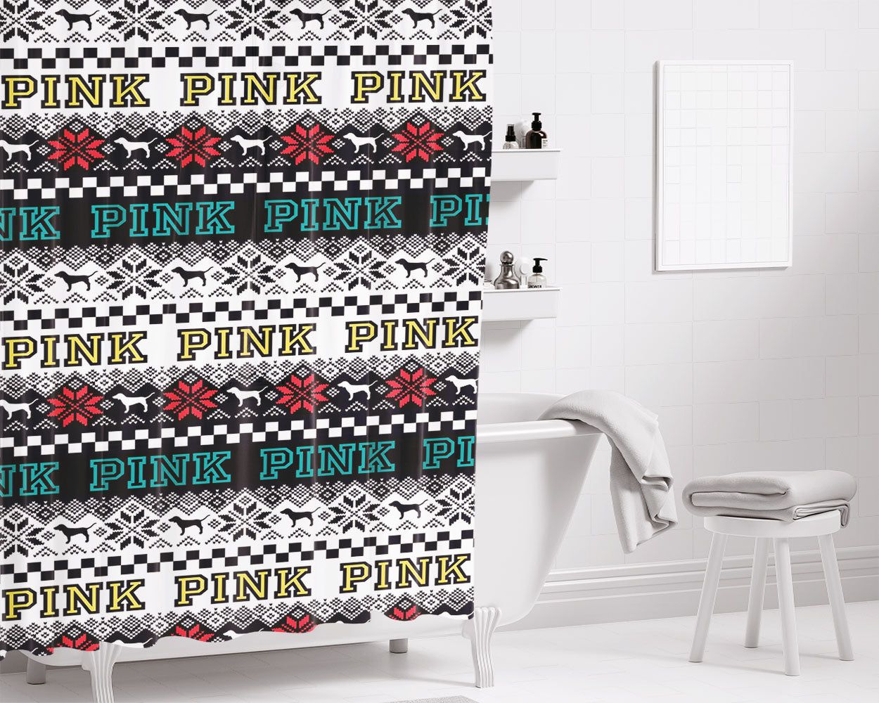 Pink Tribal And Dog Art Bathroom Shower Curtain Fabric Waterproof | 66 X 72 Inch