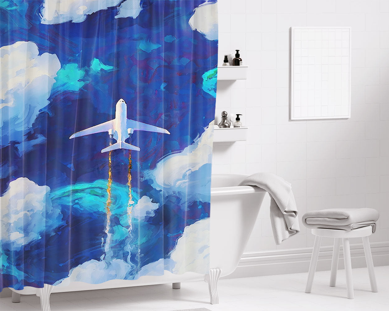 Plan In The Sky Art Bathroom Shower Curtain Fabric Waterproof | 66 X 72 Inch