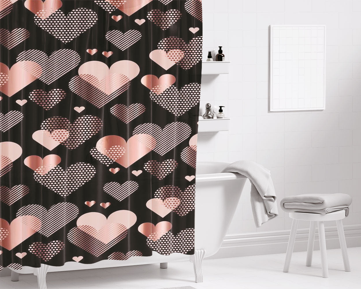 Platinum Chrome Hearth Love Pinky Bathroom Shower Curtain Fabric Waterproof | 66 X 72 Inch