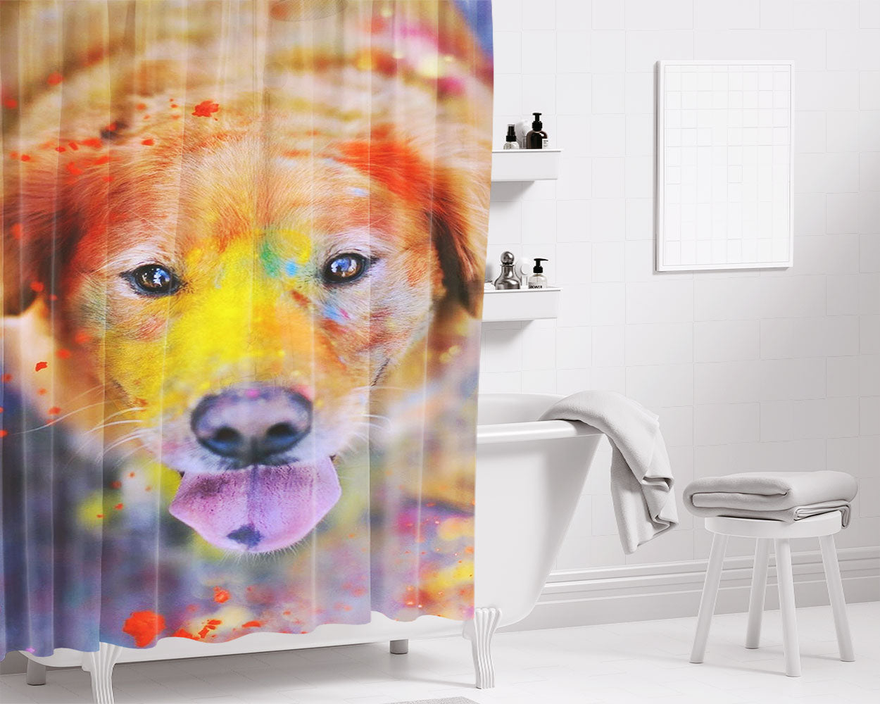 Playful Dog Bathroom Shower Curtain Fabric Waterproof | 66 X 72 Inch