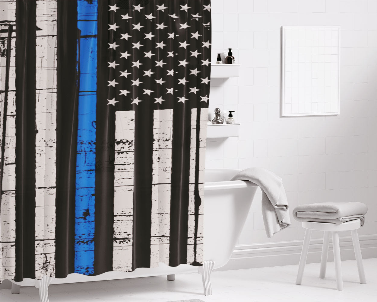 Police Blue Line Flag Bathroom Shower Curtain Fabric Waterproof | 66 X 72 Inch