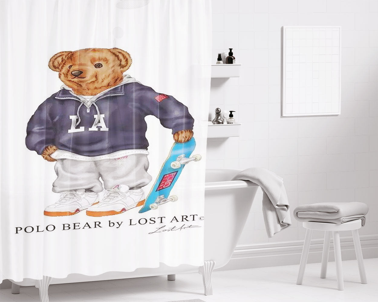 Polo Bear Skateboard Bathroom Shower Curtain Fabric Waterproof | 66 X 72 Inch