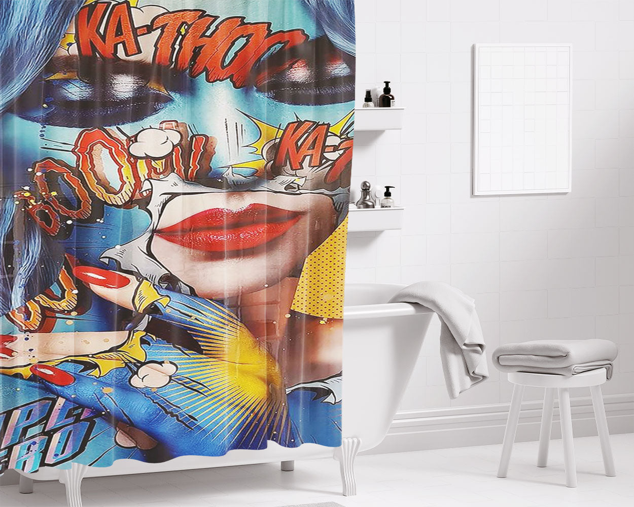 Pop Art Boom Girl Pattern Bathroom Shower Curtain Fabric Waterproof | 66 X 72 Inch