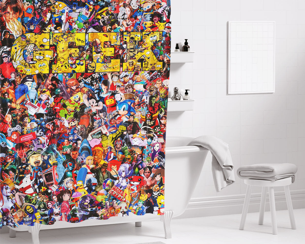Pop Art Culture Collage 2017 Geek Bathroom Shower Curtain Fabric Waterproof | 66 X 72 Inch